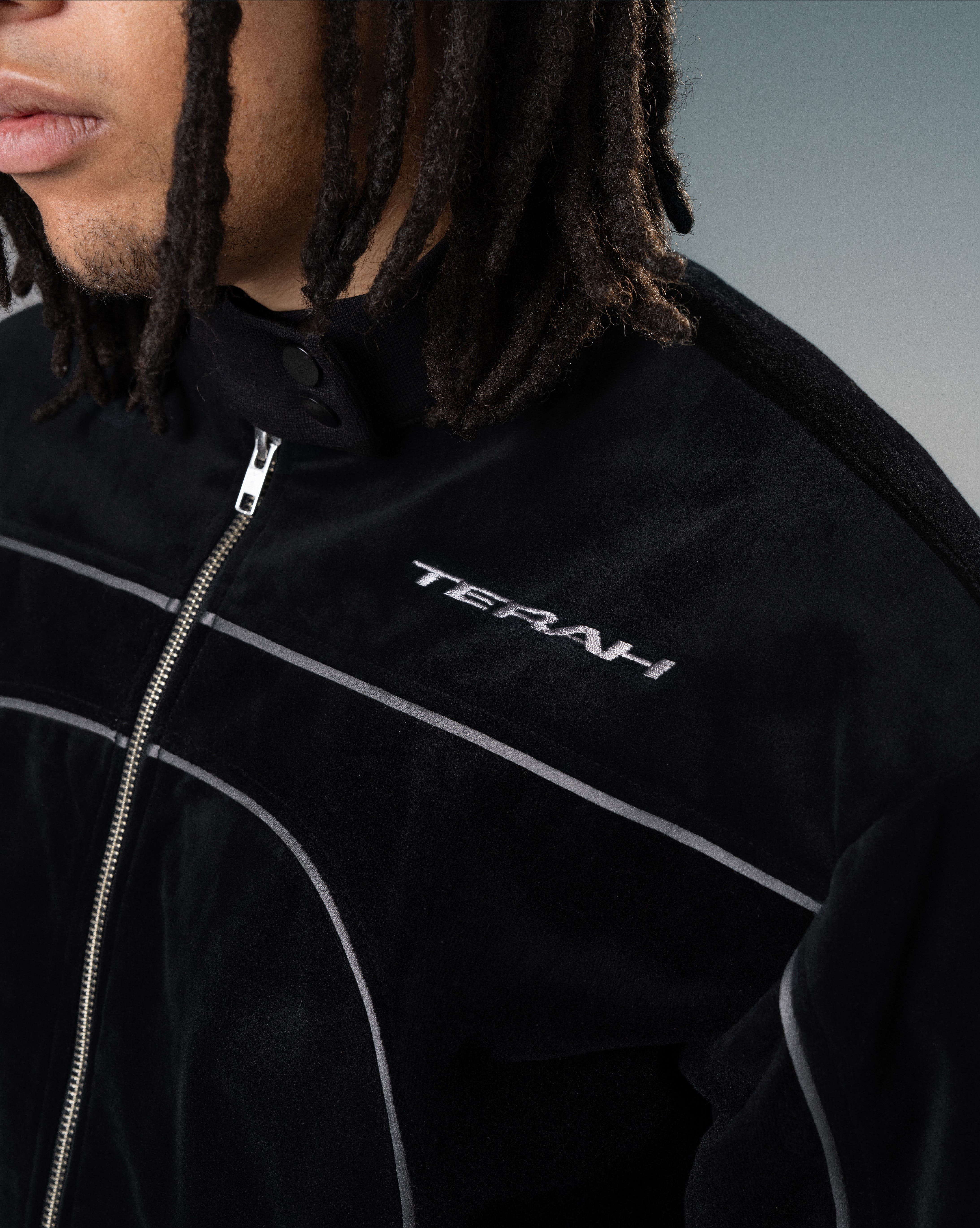 BLACK 2-TONE VELOUR MOTO TRACK JACKET – TERAH