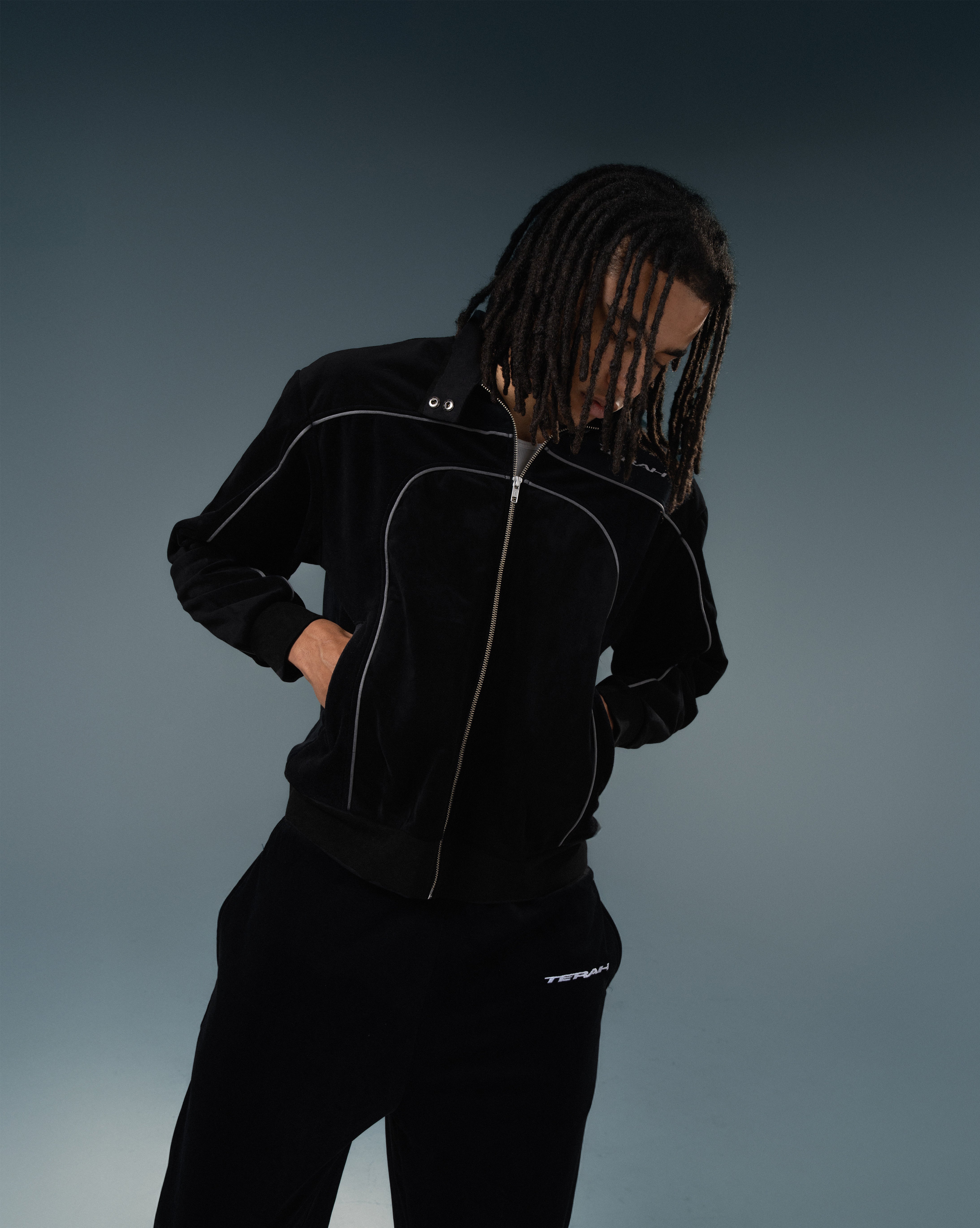 BLACK 2-TONE VELOUR MOTO TRACK JACKET – TERAH