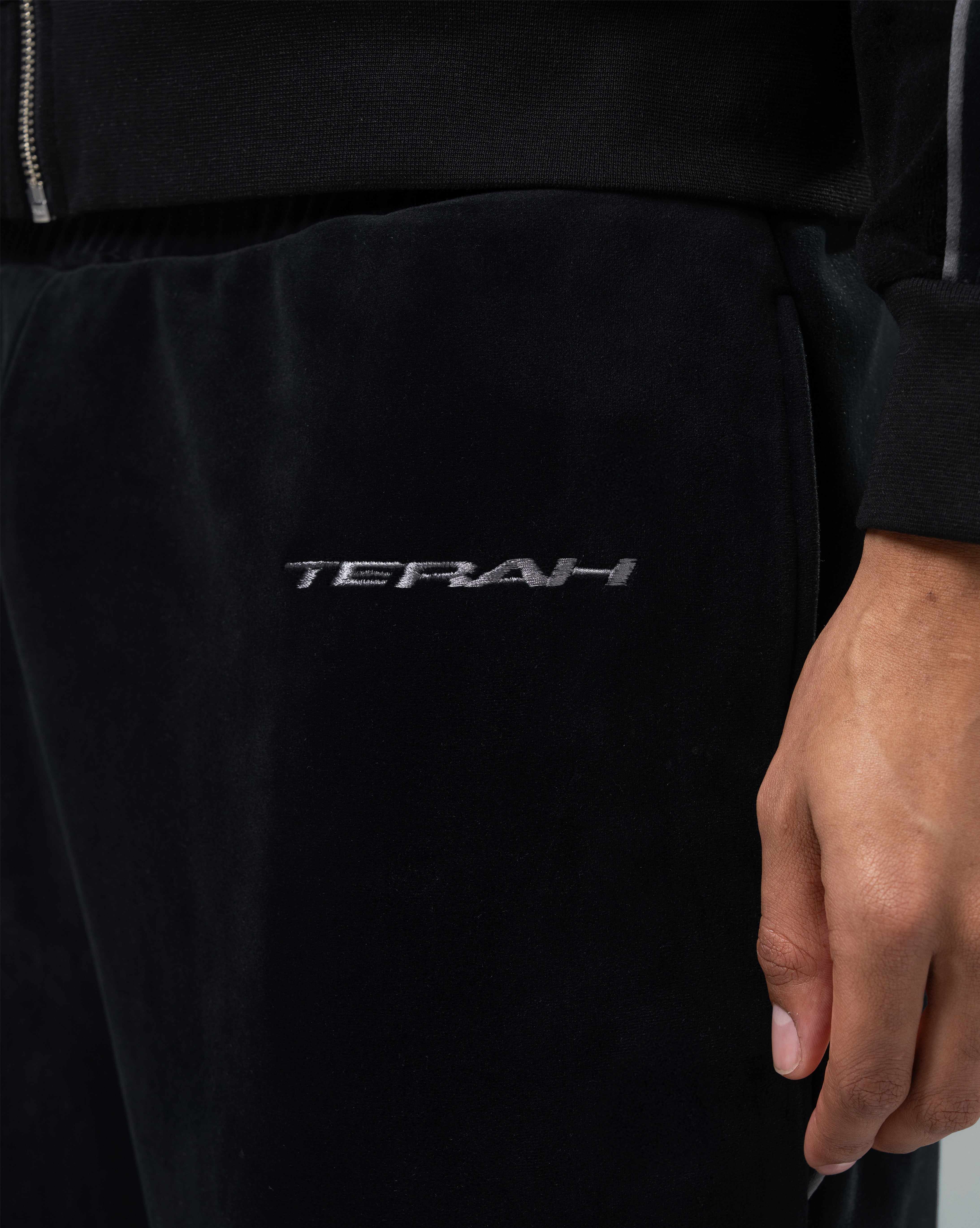 BLACK 2-TONE VELOUR MOTO TRACK PANTS – TERAH